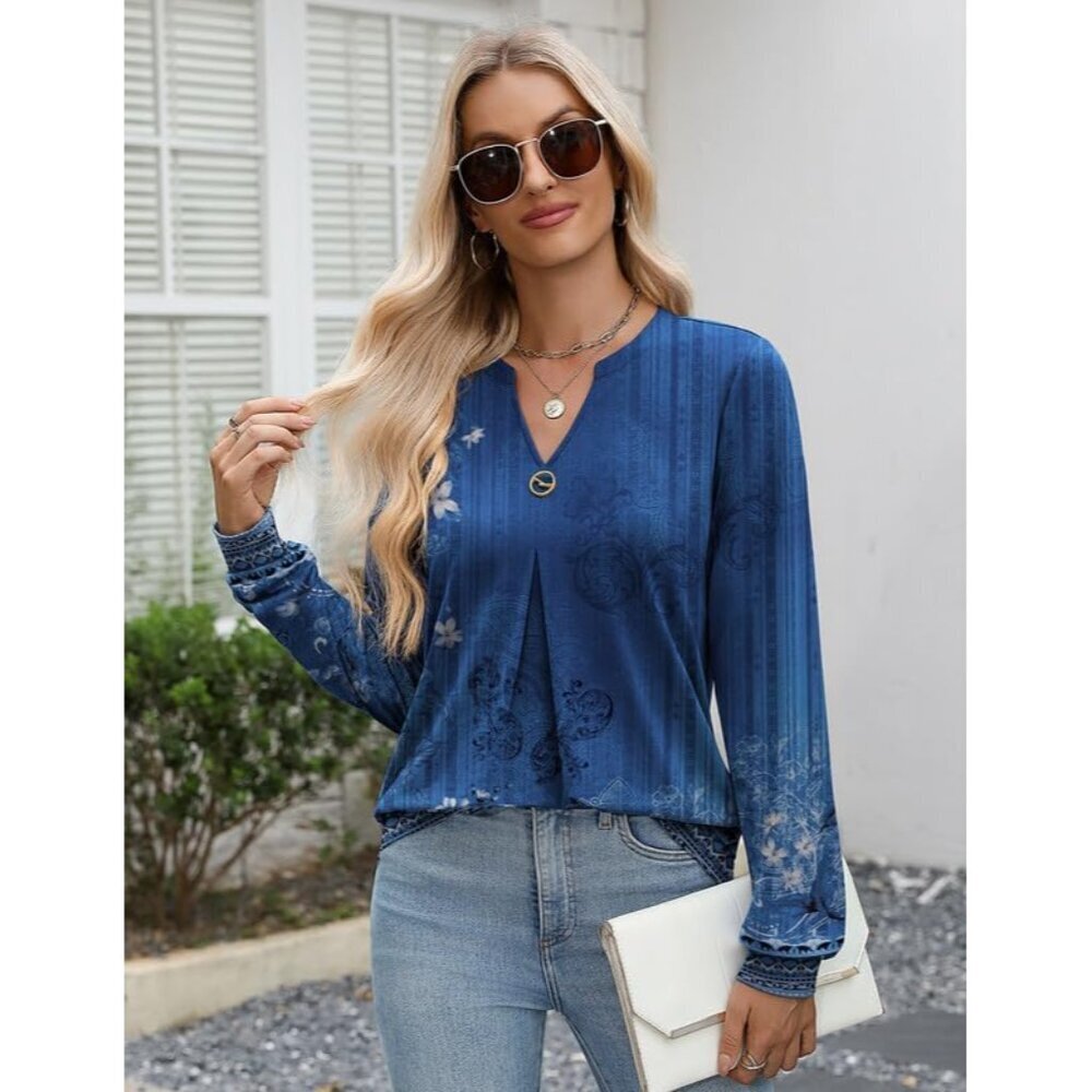 Womens Long Sleeve V Neck Tunic Top Polyester Spandex Dressy Casual Blouses - Picture 3 of 5